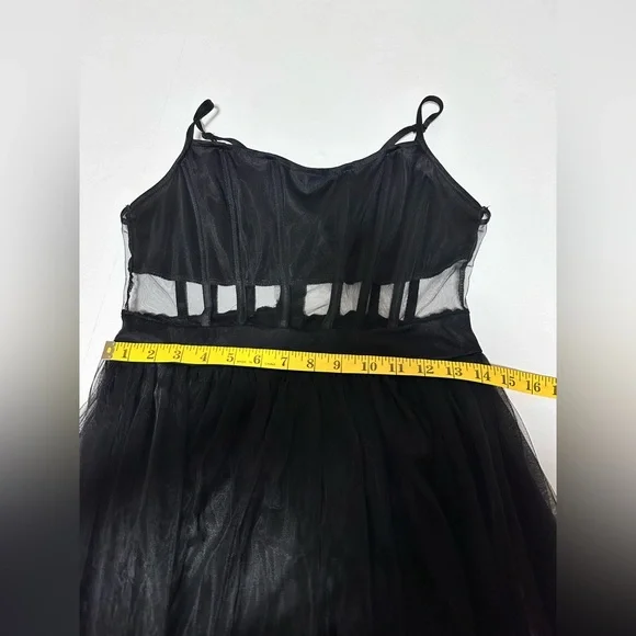 Windsor Black Tulle Cutout Waist Spaghetti Strap Leg Slit Formal Gown Large Prom - Picture 11 of 13